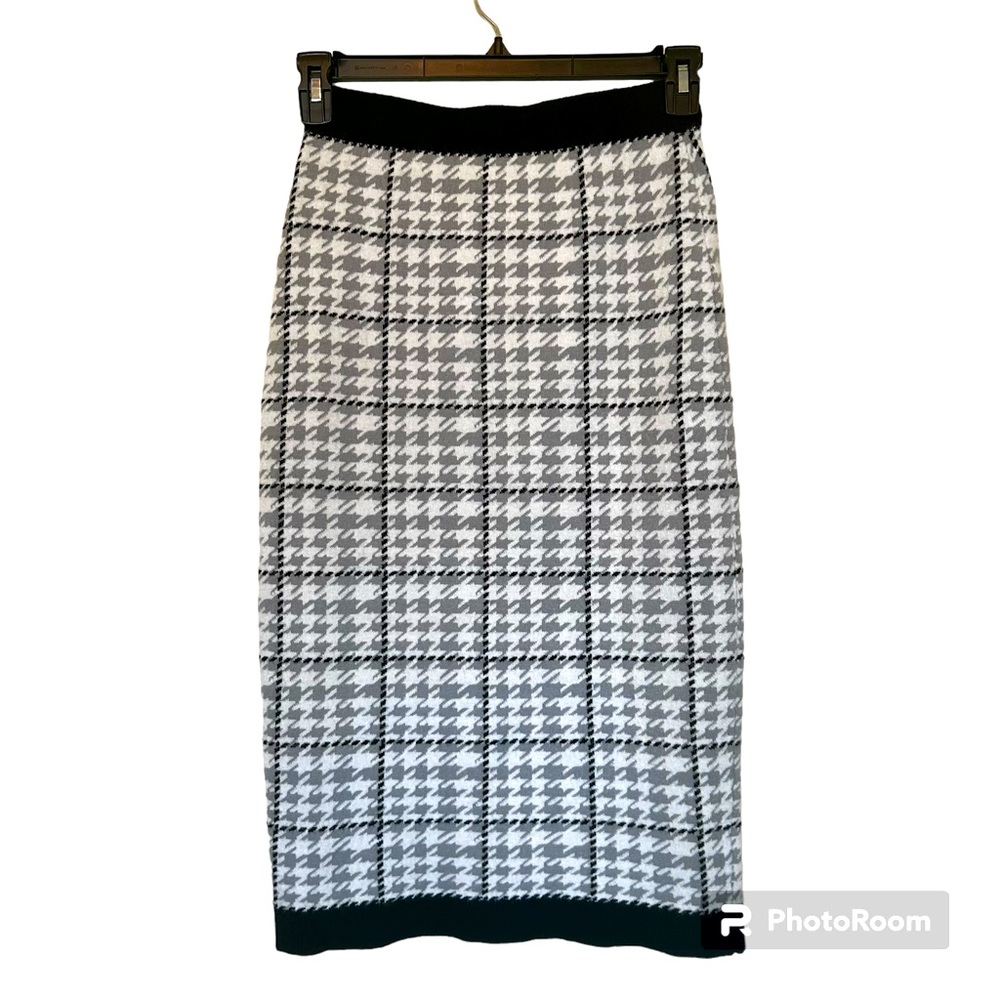 Halogen Midi Sweater Skirt Ivory Grey Houndstooth Size XS